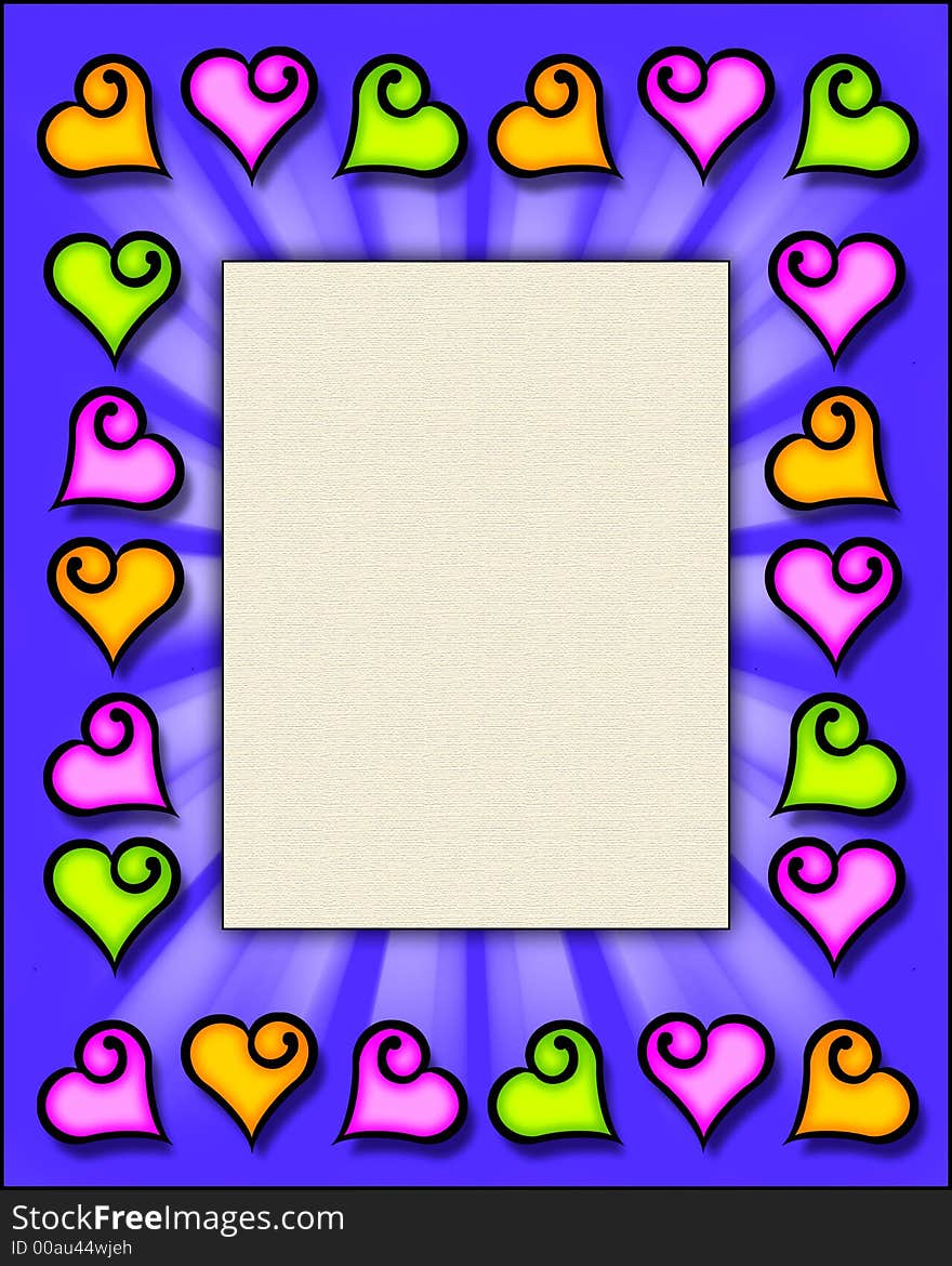 A 3-D illustration of a frame with fun, hand-drawn hearts in several colors. A 3-D illustration of a frame with fun, hand-drawn hearts in several colors