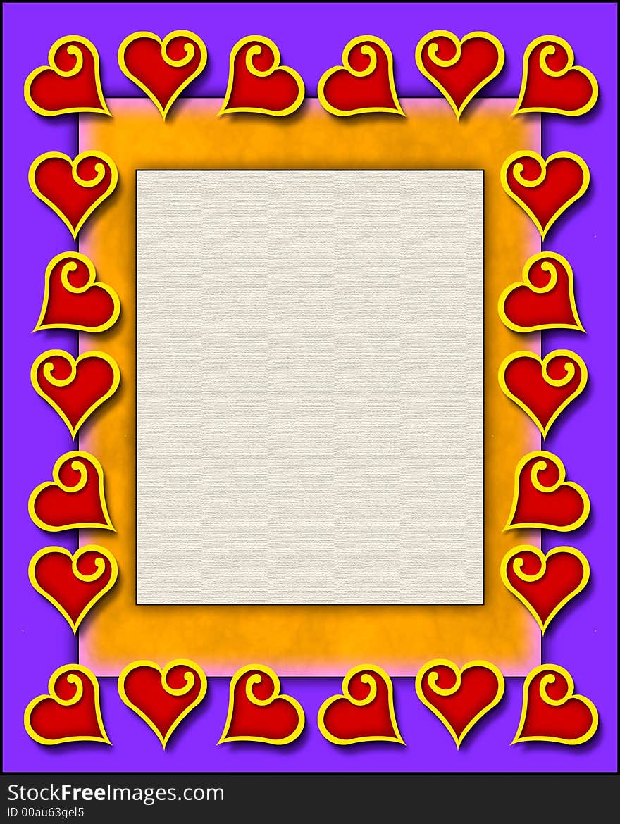 A 3-D illustration of a frame with fun, hand-drawn hearts in several colors. A 3-D illustration of a frame with fun, hand-drawn hearts in several colors