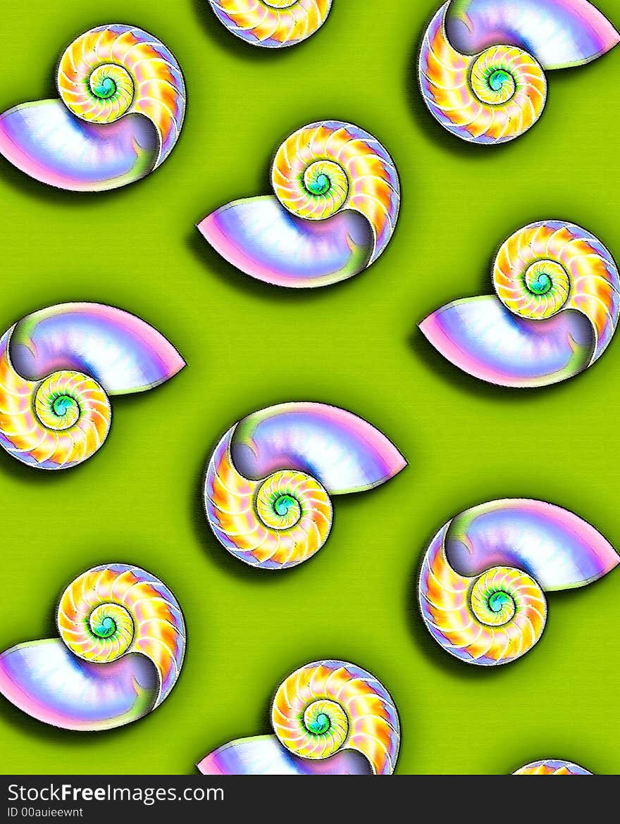 A rough pastel HAND-DRAWN illustration of colorful nautilus shells in a pattern - perfect for a background or wrapping paper or a greeting card. A rough pastel HAND-DRAWN illustration of colorful nautilus shells in a pattern - perfect for a background or wrapping paper or a greeting card