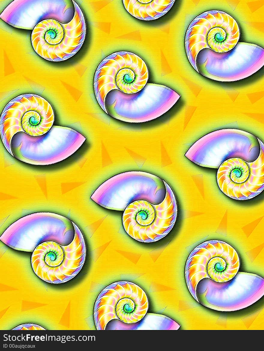 A rough pastel HAND-DRAWN illustration of colorful nautilus shells in a pattern - perfect for a background or wrapping paper or a greeting card. A rough pastel HAND-DRAWN illustration of colorful nautilus shells in a pattern - perfect for a background or wrapping paper or a greeting card