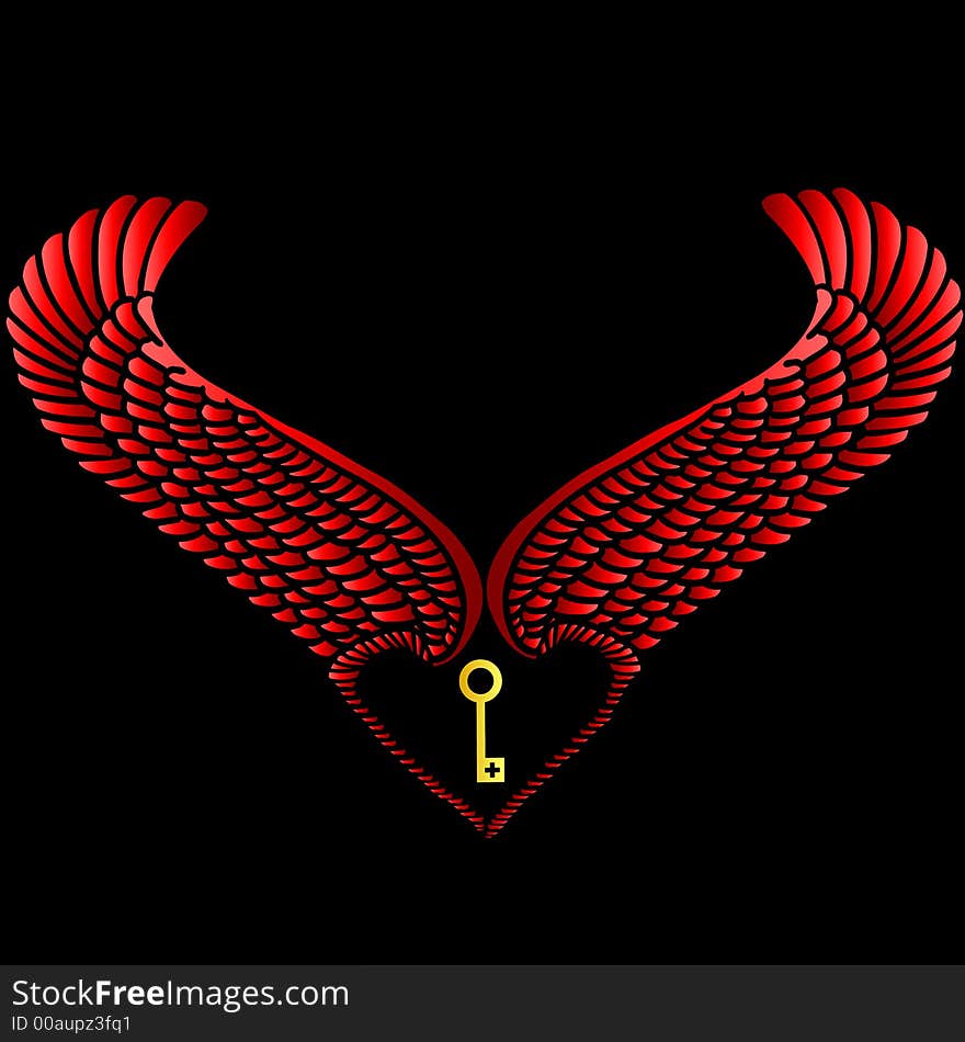 Red color wing heart and Key. Red color wing heart and Key