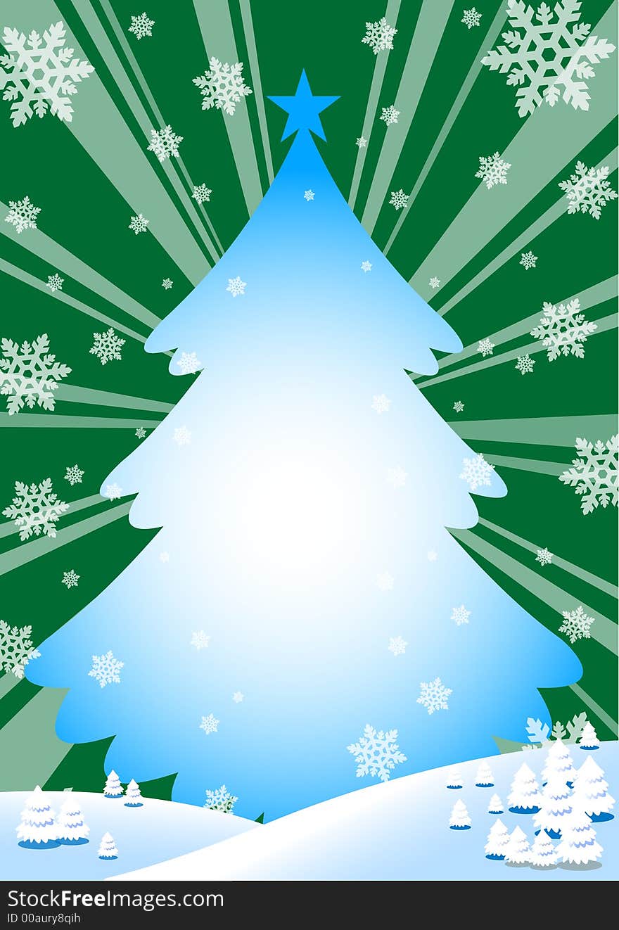 Snowflakes and tree green background. Snowflakes and tree green background