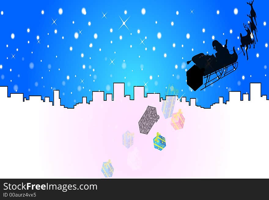 Santa give gift in Snowflakes and city background. Santa give gift in Snowflakes and city background