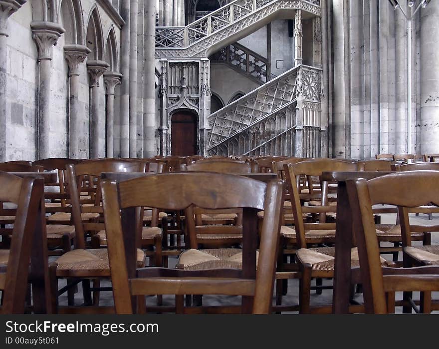 The interior of a church in Normandy and seats ready to be occupied. The interior of a church in Normandy and seats ready to be occupied