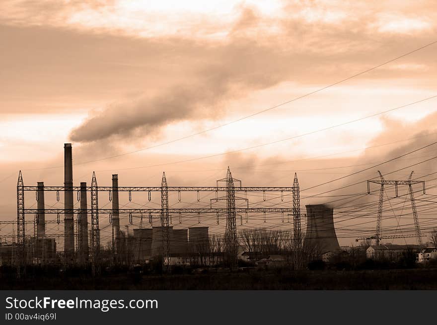 Industrial scene of an power plant in sepia colors. Industrial scene of an power plant in sepia colors