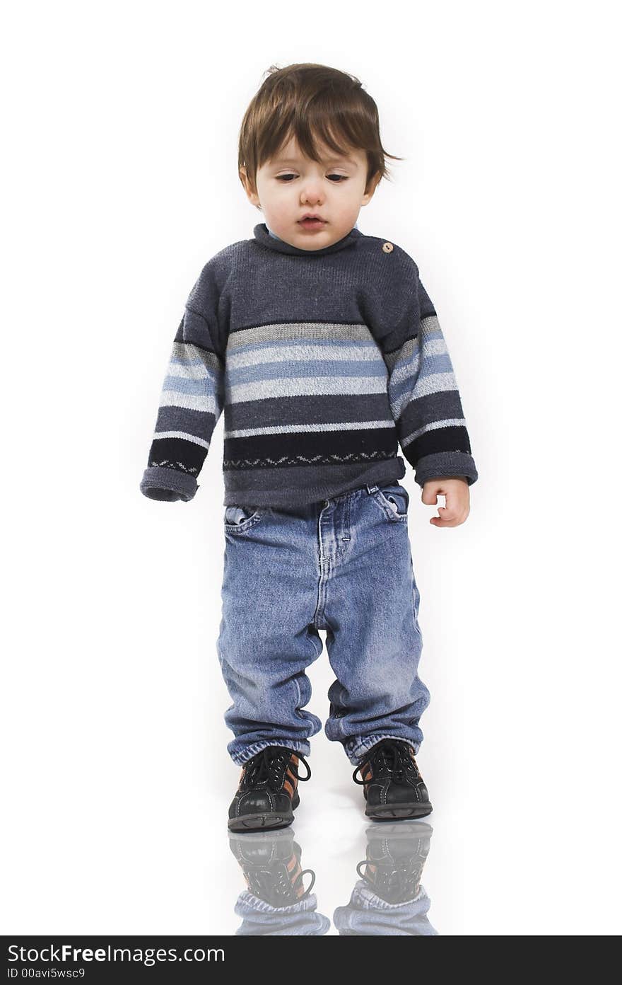 Baby standing with reflection over white background. Baby standing with reflection over white background