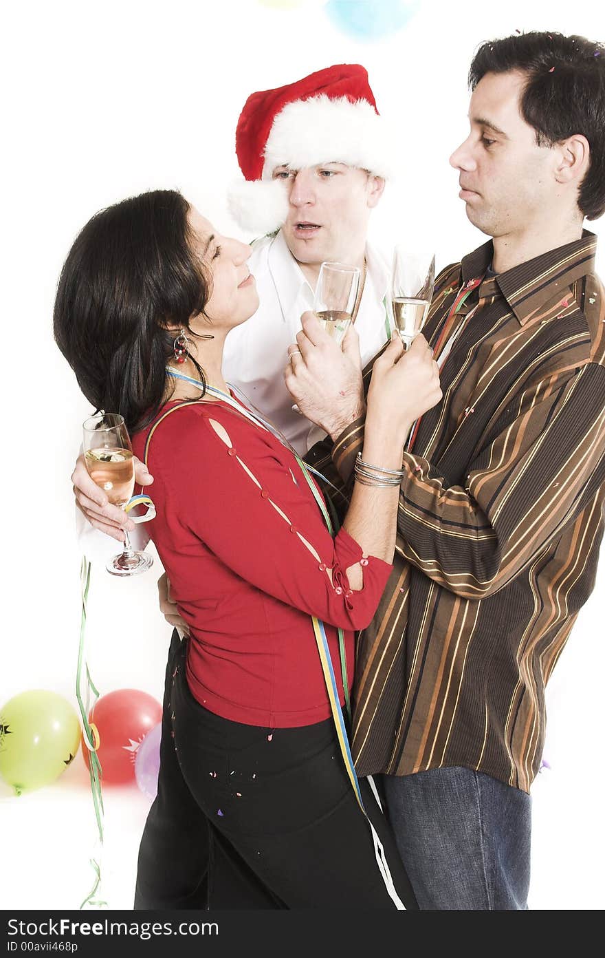 Couple celebrating with santa in white background