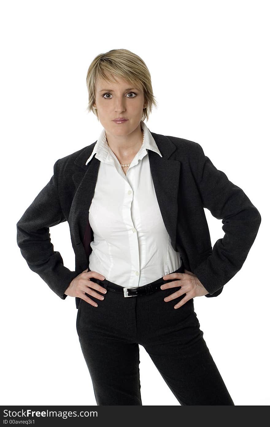 Business woman standing and looking on white