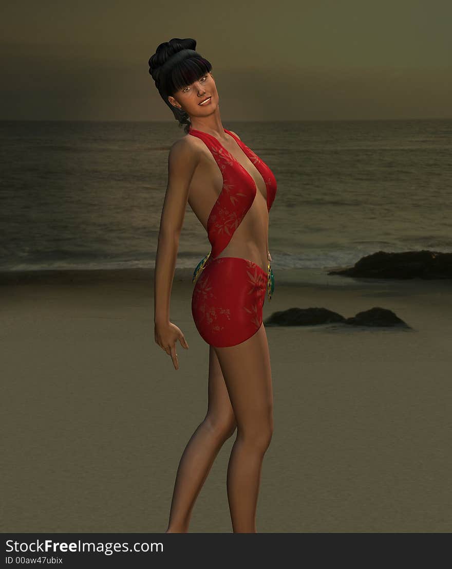 Beautiful raven haired Angie on the beach.  3D model, computer generated