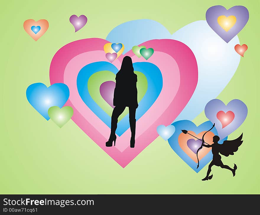 Green background with colored hearts, black woman shape and cupid silhouette. Green background with colored hearts, black woman shape and cupid silhouette