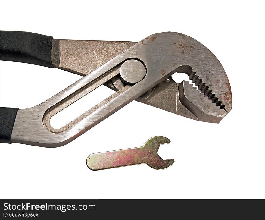 Macro view of groove lock pliers and wrench hand tool