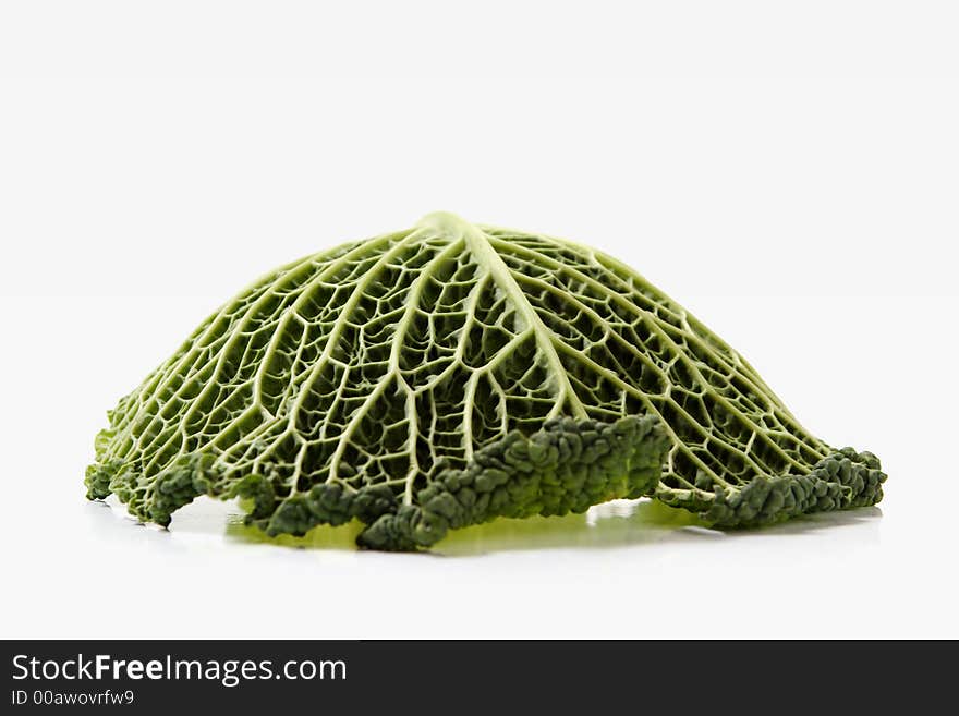 Green cabbage leaf over white background. brassica oleracea