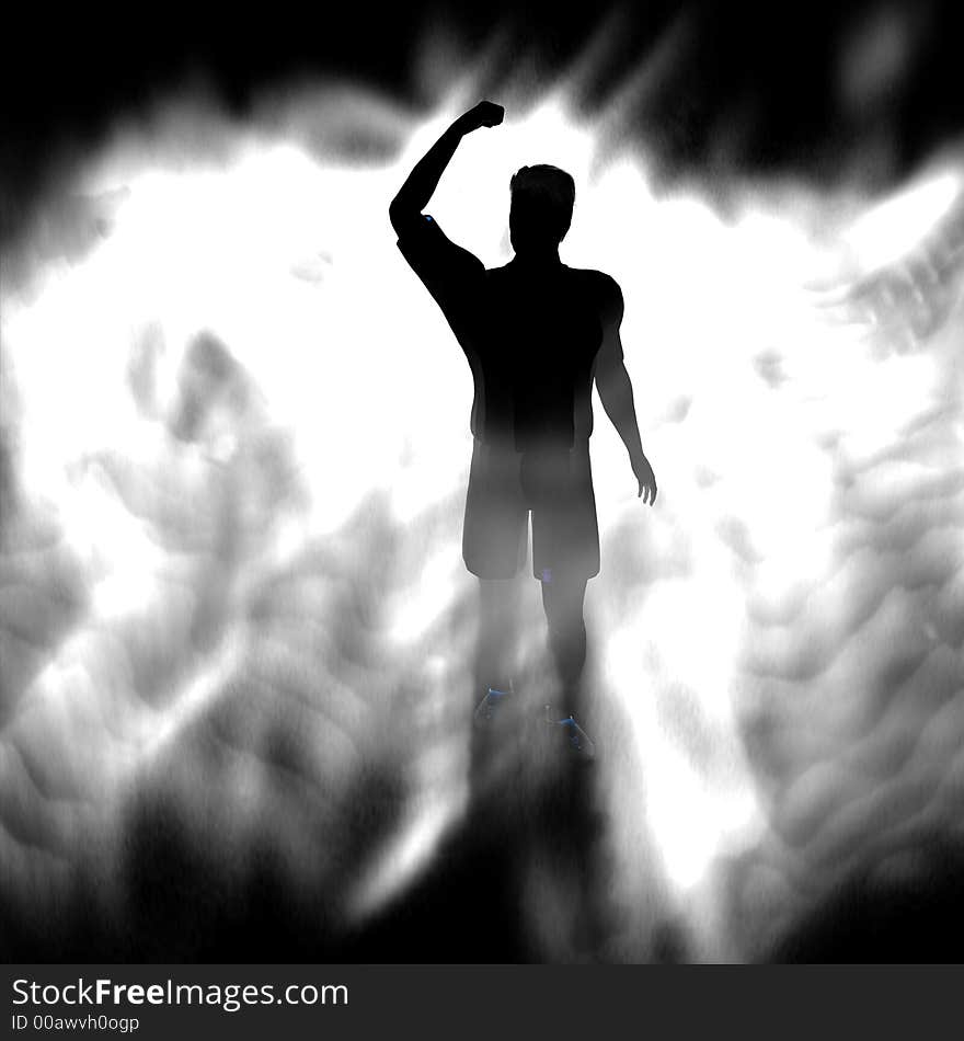 Male figure in smoke or fog raising his arm to show that he has won. Male figure in smoke or fog raising his arm to show that he has won