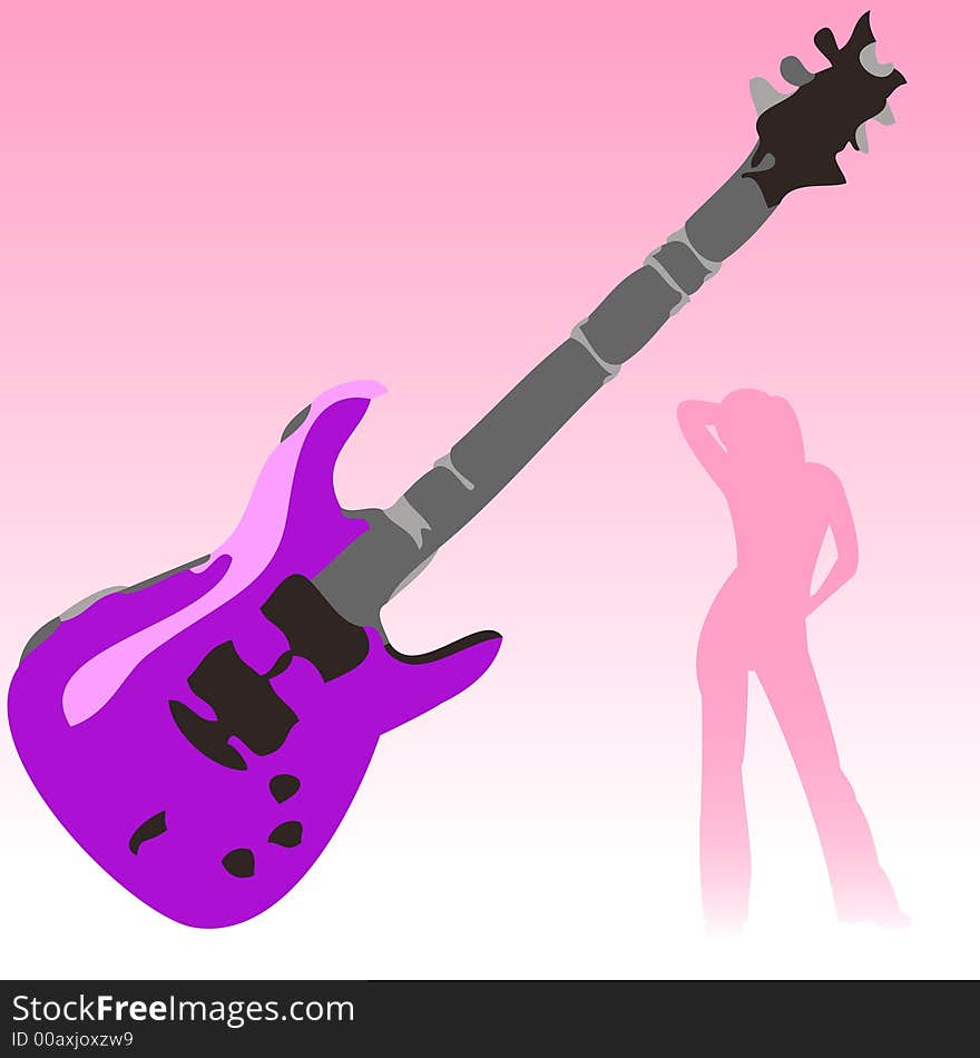 A rock guitar with a silhouette of a girl dancing with a gradient background. A rock guitar with a silhouette of a girl dancing with a gradient background