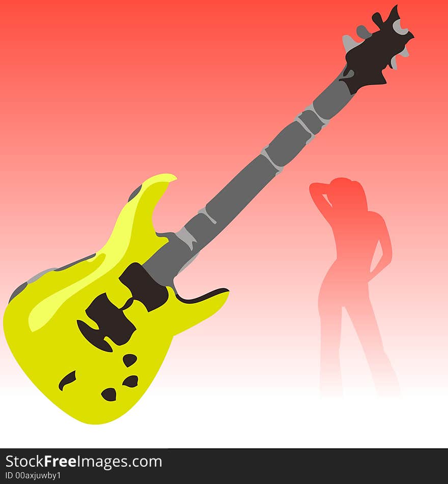 A rock guitar with a silhouette of a girl dancing with a gradient background. A rock guitar with a silhouette of a girl dancing with a gradient background