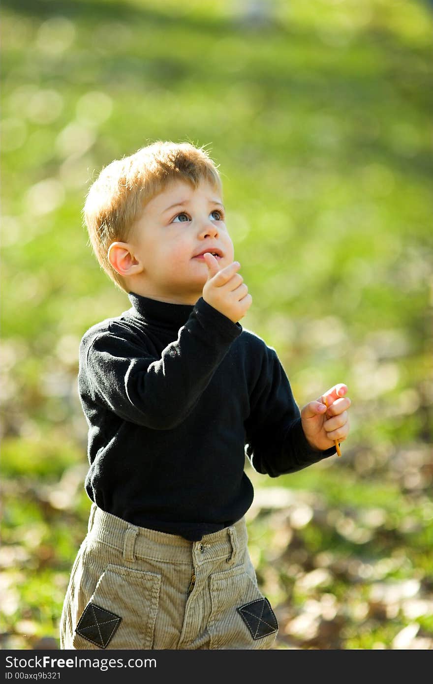 A little boy eating short stick in the park