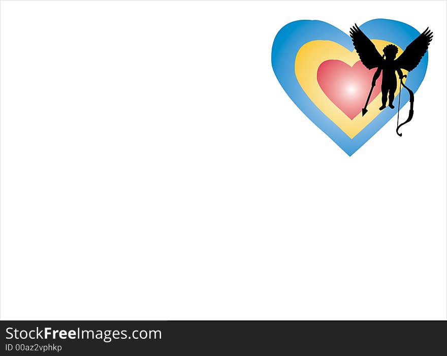 White background with colored hearts and black cupid shape. White background with colored hearts and black cupid shape