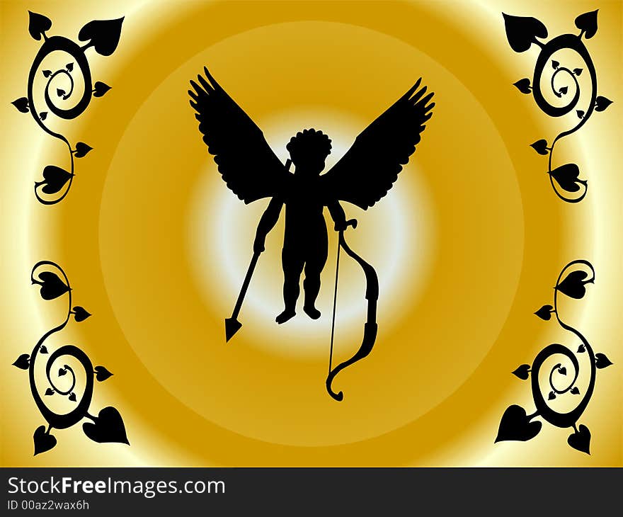 Background with black leafage frame and black cupid shape. Background with black leafage frame and black cupid shape