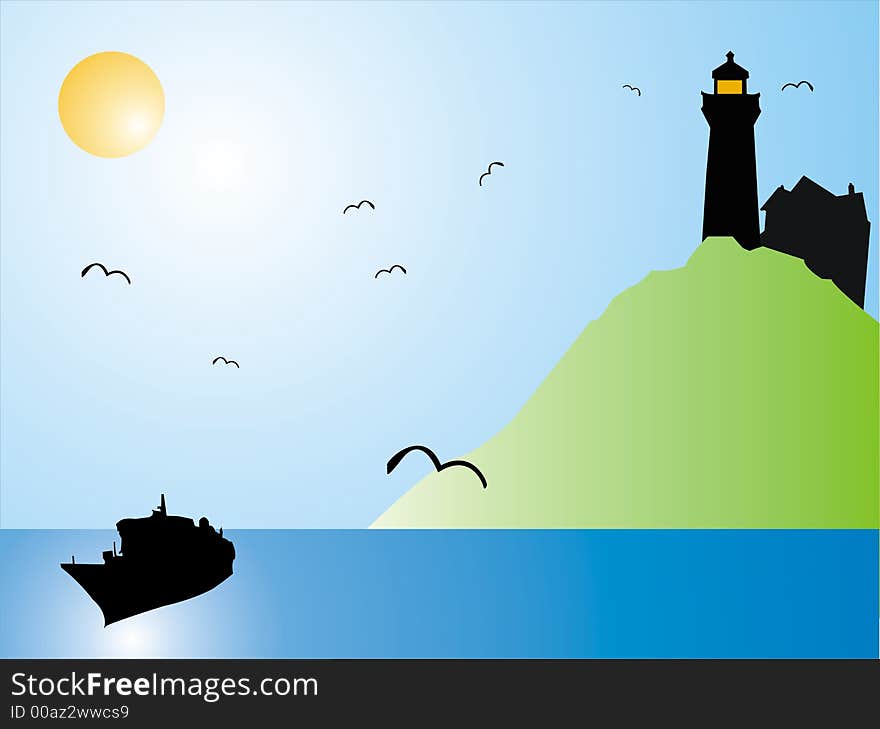 Colored background with ship in the sea, seagulls and black lighthouse shape