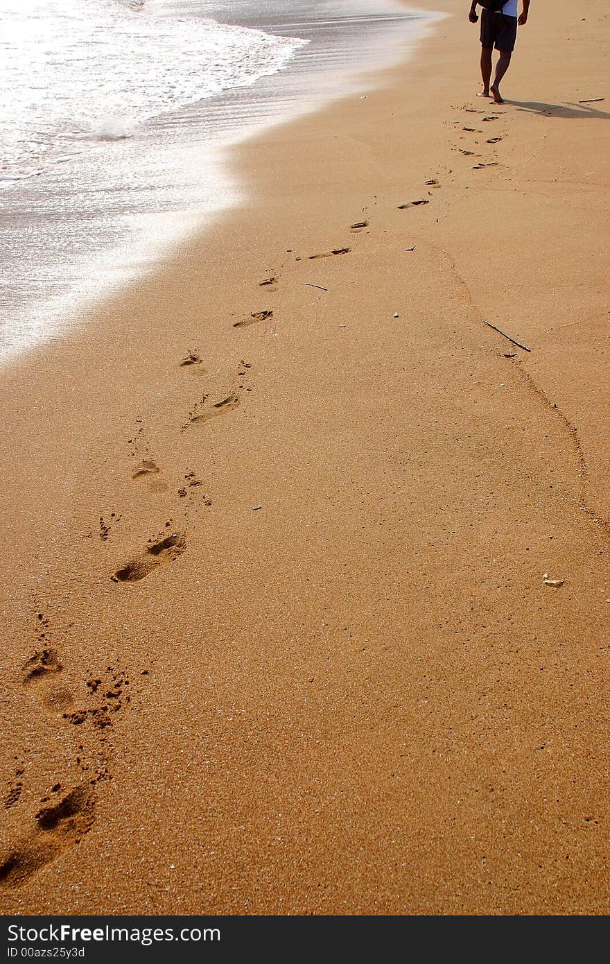 Partial view of the shore and the footsteps of somebody in the bay of San Agustinillo in the southern state of Oaxaca in  Mexico, Latin America. Partial view of the shore and the footsteps of somebody in the bay of San Agustinillo in the southern state of Oaxaca in  Mexico, Latin America