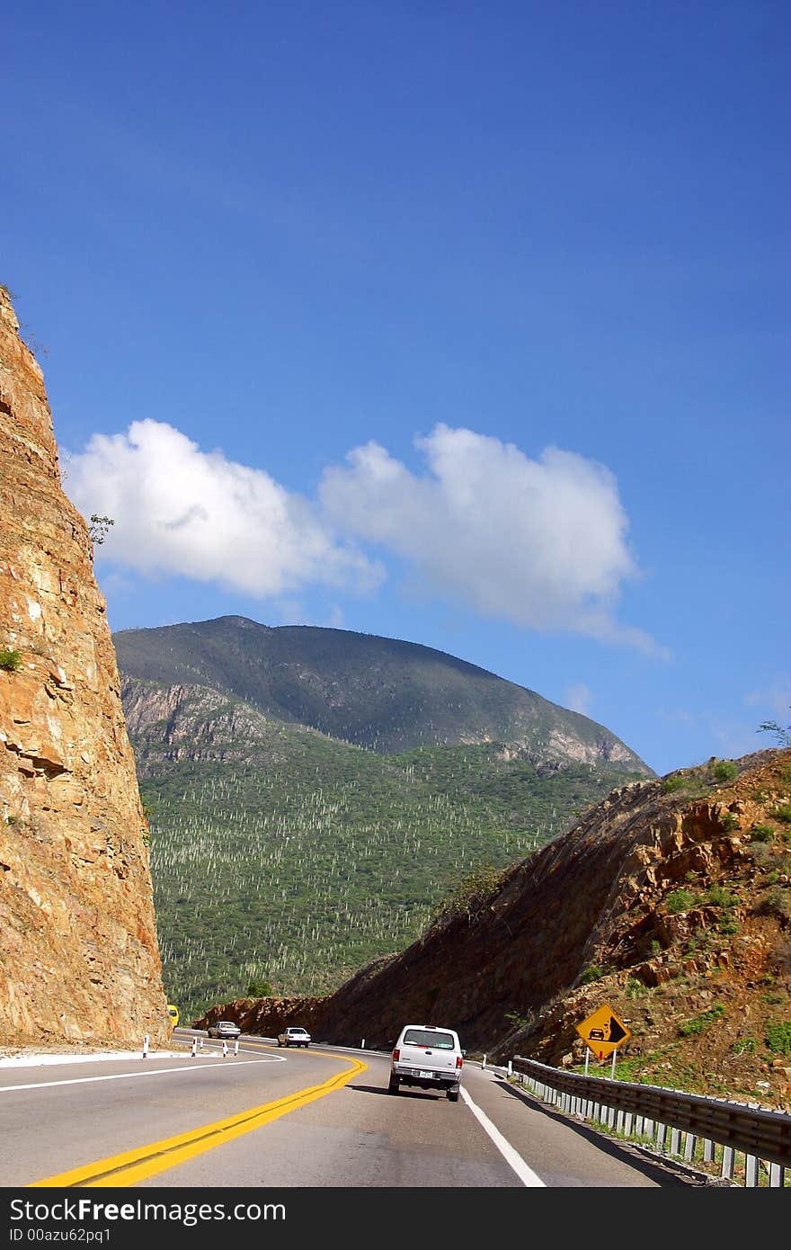 Mountains and cactus to watch on the road from  Puebla to Oaxaca in the southern state of Oaxaca Mexico,Latin America