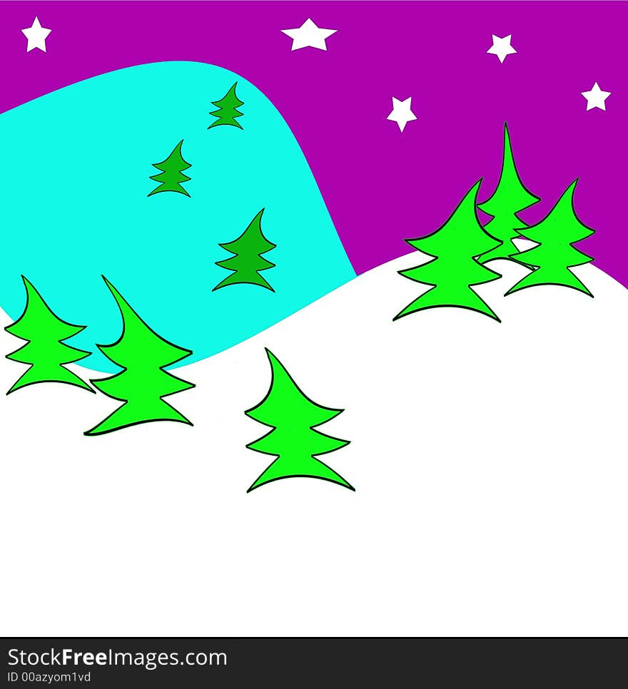 Winter night time with snow and pine trees