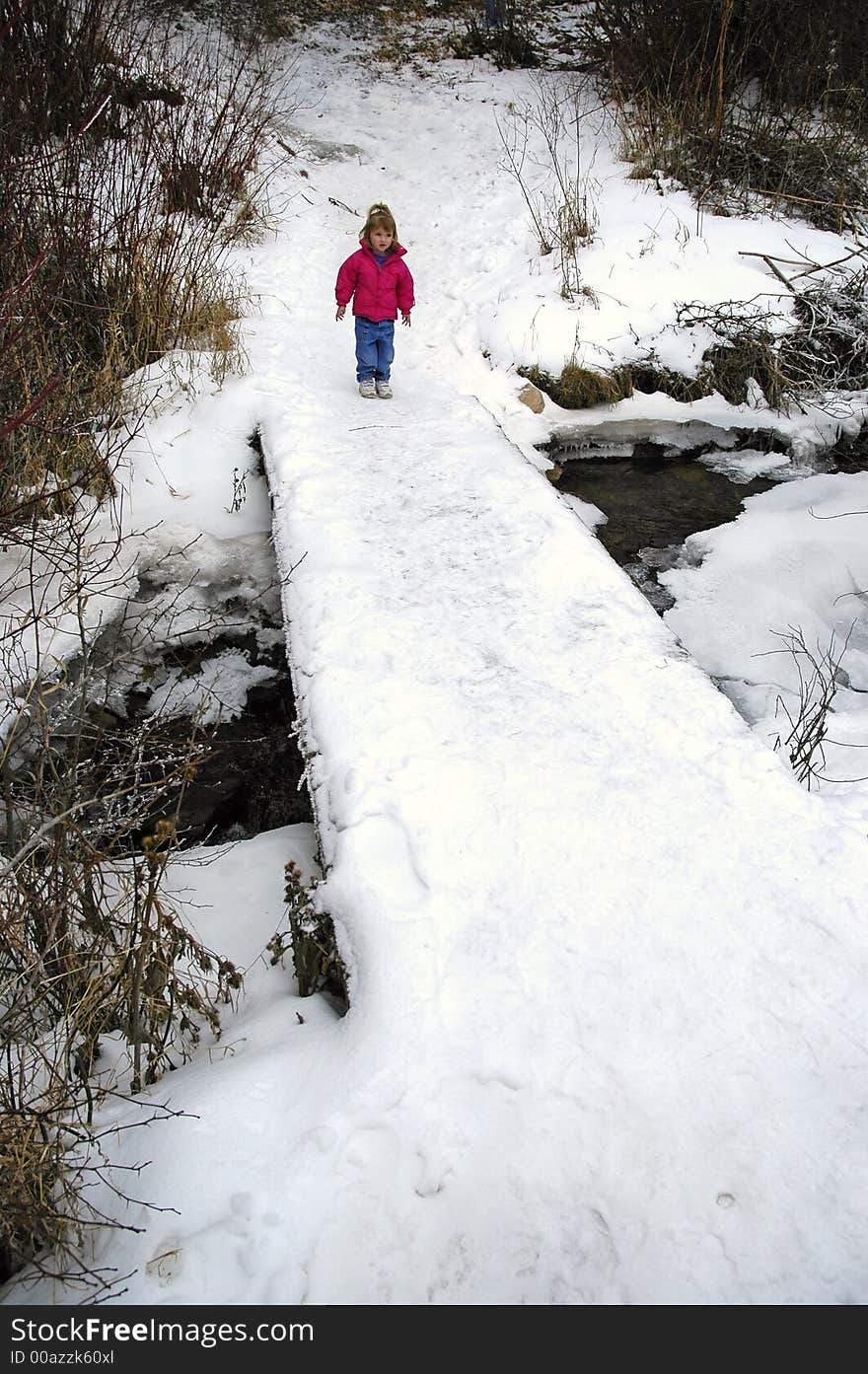 Little girl crossing foot bridge over snow and water. Little girl crossing foot bridge over snow and water