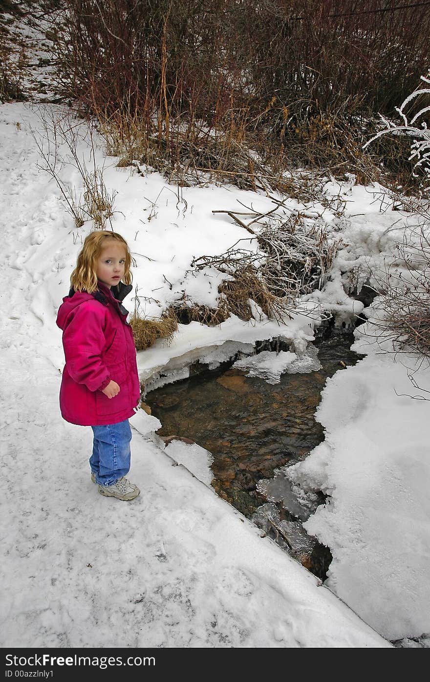 Little girl crossing foot bridge over snow and water. Little girl crossing foot bridge over snow and water