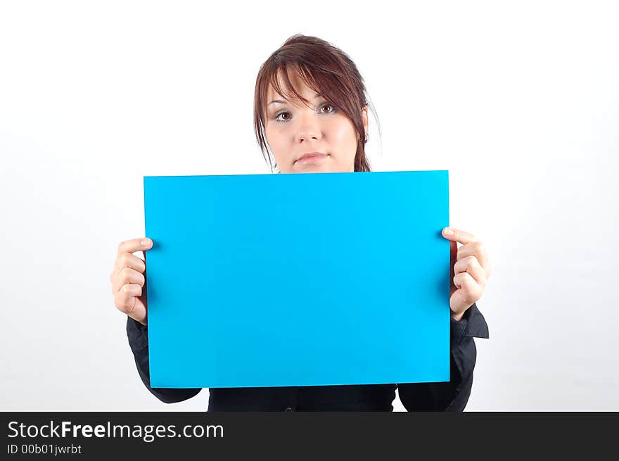 Attractive woman with blank paper on white background. Attractive woman with blank paper on white background