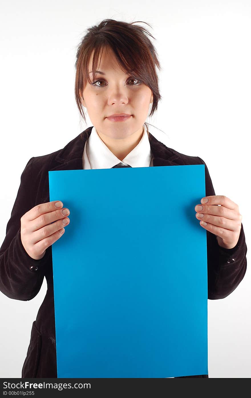 Attractive woman with blank paper on white background. Attractive woman with blank paper on white background