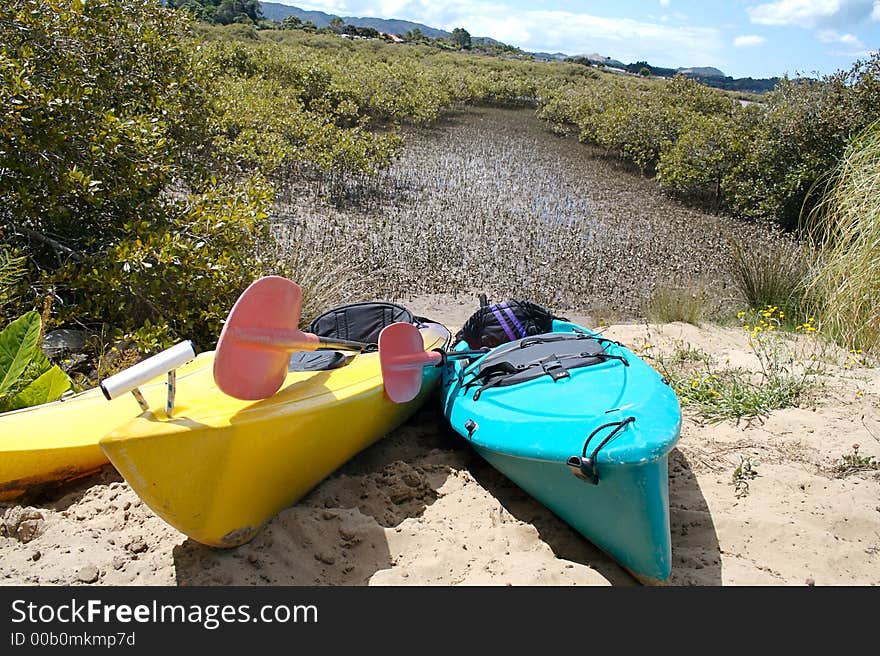 Two kayaks sitting on the shore of a swamp with the tide out. Two kayaks sitting on the shore of a swamp with the tide out.