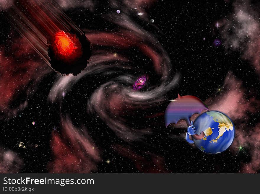 Protected from impact ! Humorous digital space background with asteroid and earth . Great render for scientific projects . Protected from impact ! Humorous digital space background with asteroid and earth . Great render for scientific projects .