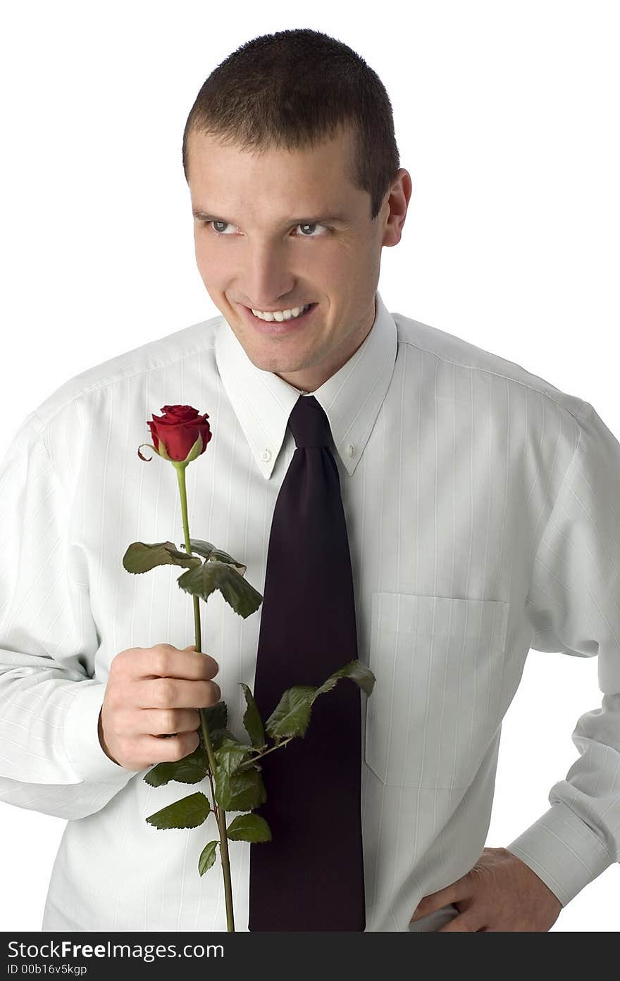 Business men with rose in his hands close up