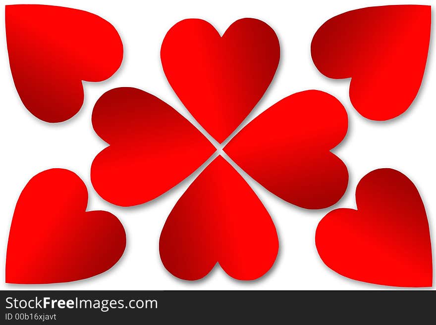 Red gradient hearts with shadows on white background