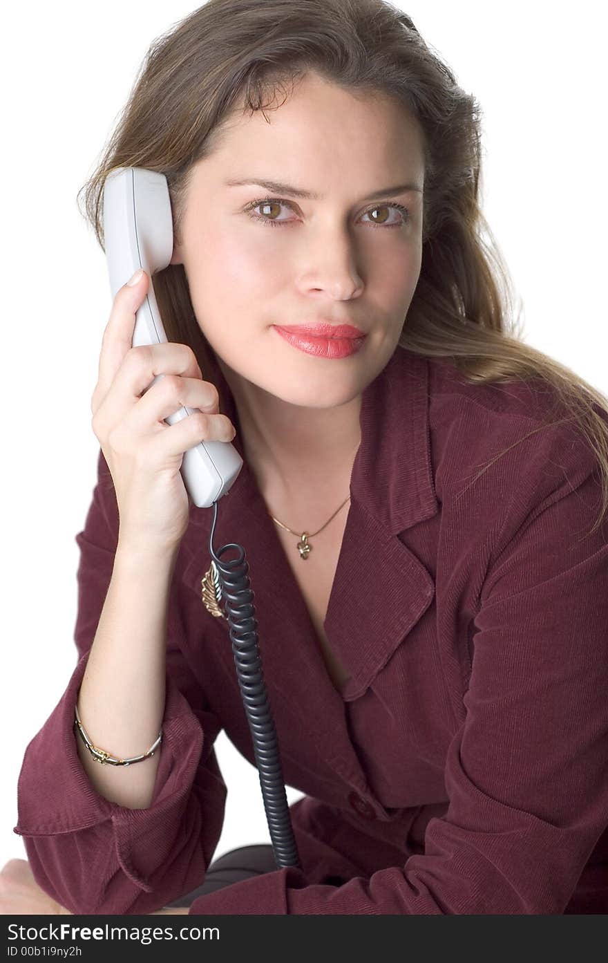 Pretty brunette secretary with telephone headset. Pretty brunette secretary with telephone headset