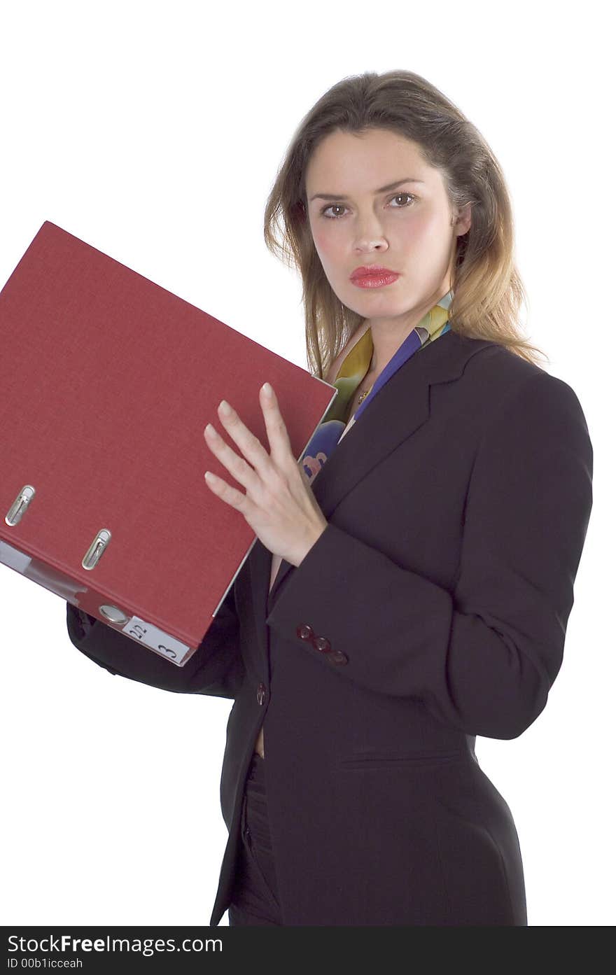 Business woman holding papers in left hand. Business woman holding papers in left hand