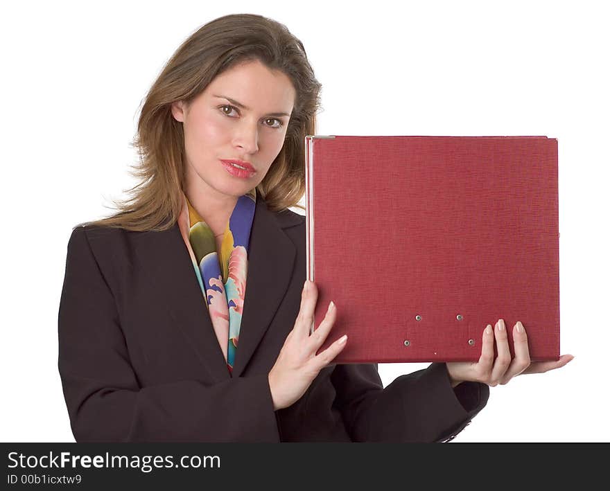 Business woman holding papers in left hand. Business woman holding papers in left hand