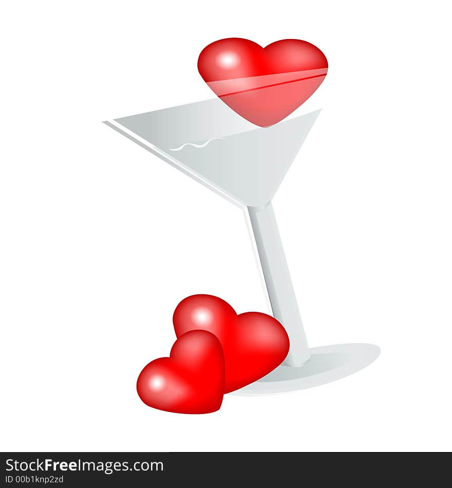 Hearts on the white background with the glass. Hearts on the white background with the glass