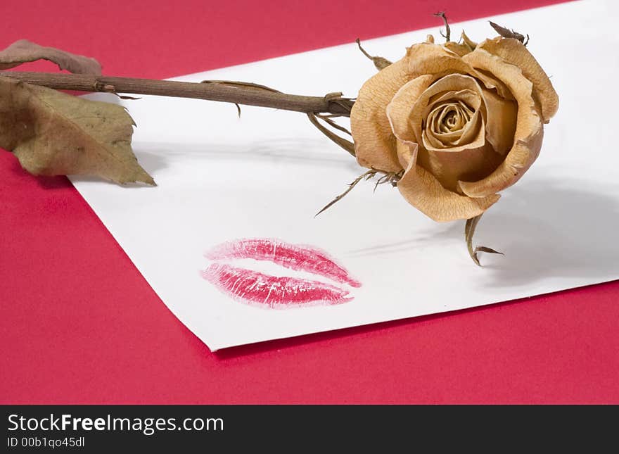 St Valentine note with a dried flower and a kiss print. St Valentine note with a dried flower and a kiss print