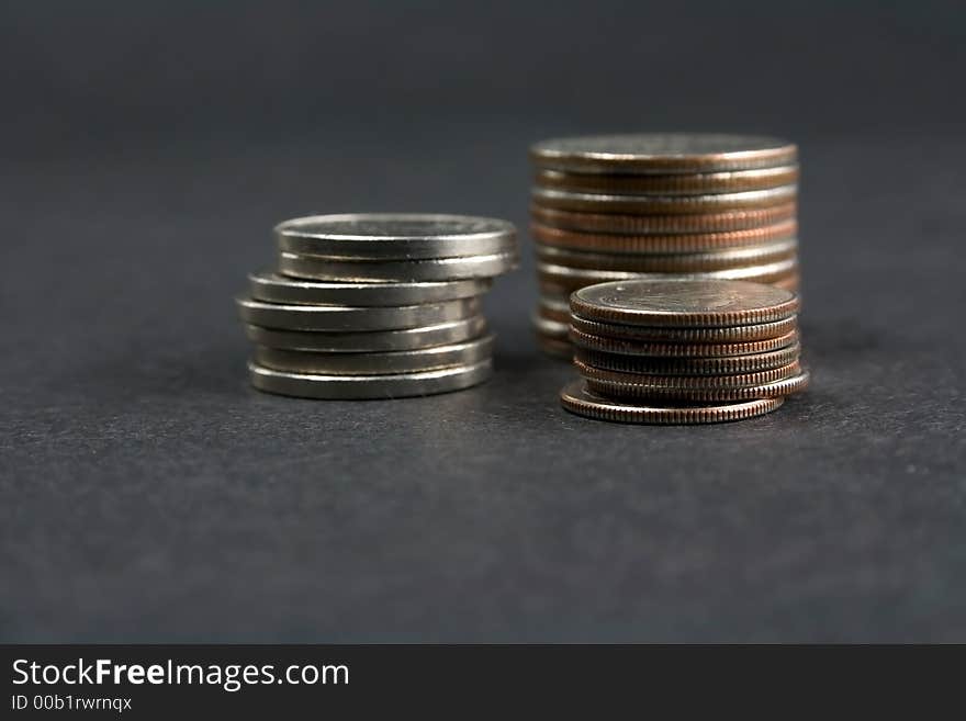 Stacks of nickels, dimes and quarters. Stacks of nickels, dimes and quarters