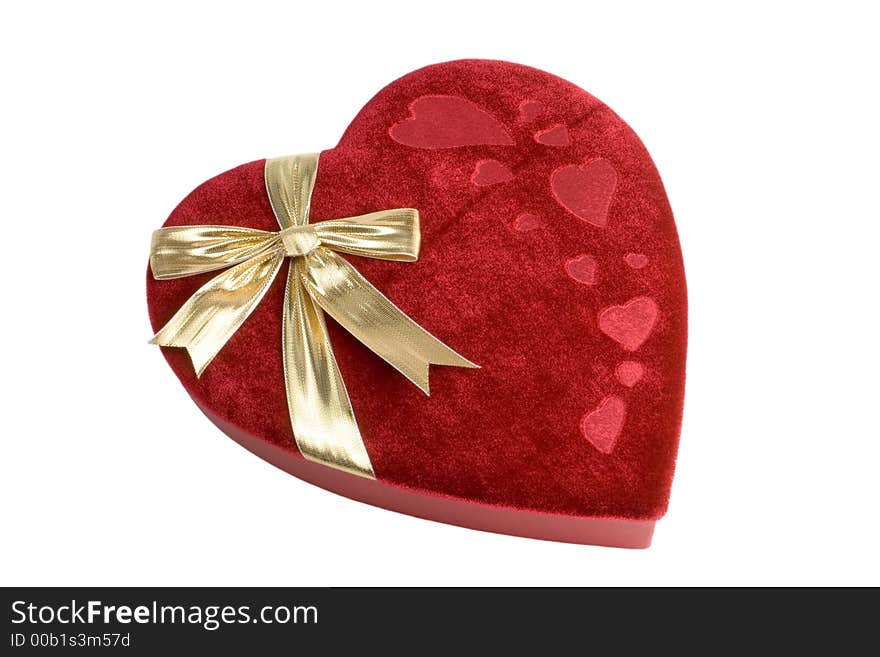 Gold bow and red velvet heart box. Gold bow and red velvet heart box