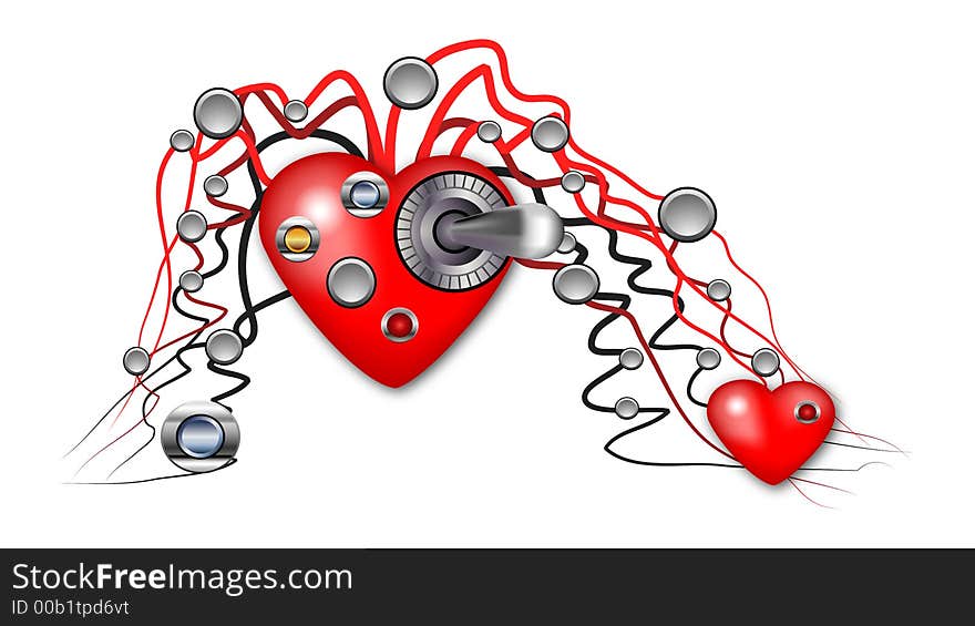 Valentine heart with many buttons and shapes on the white background