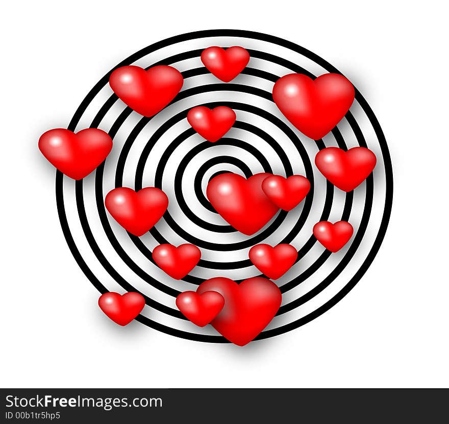 Valentine hearts and black circles on white background