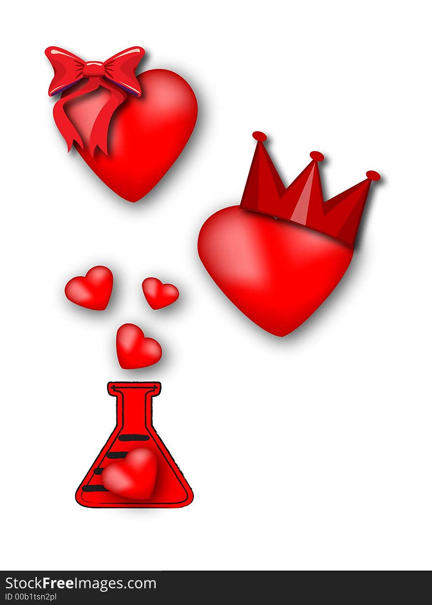 Hearts and other symbol in the red on the white background. Hearts and other symbol in the red on the white background