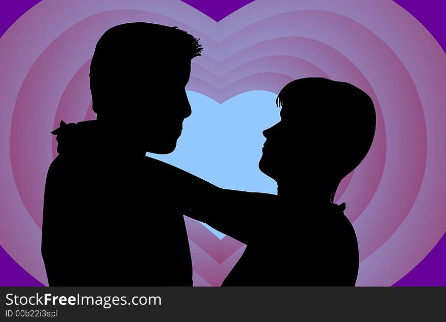 Romantic Couple Silhouette in front of hearts