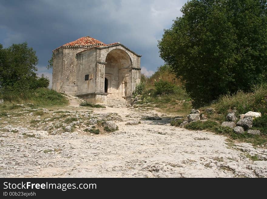 The ancient house in east style and the dark blue sky