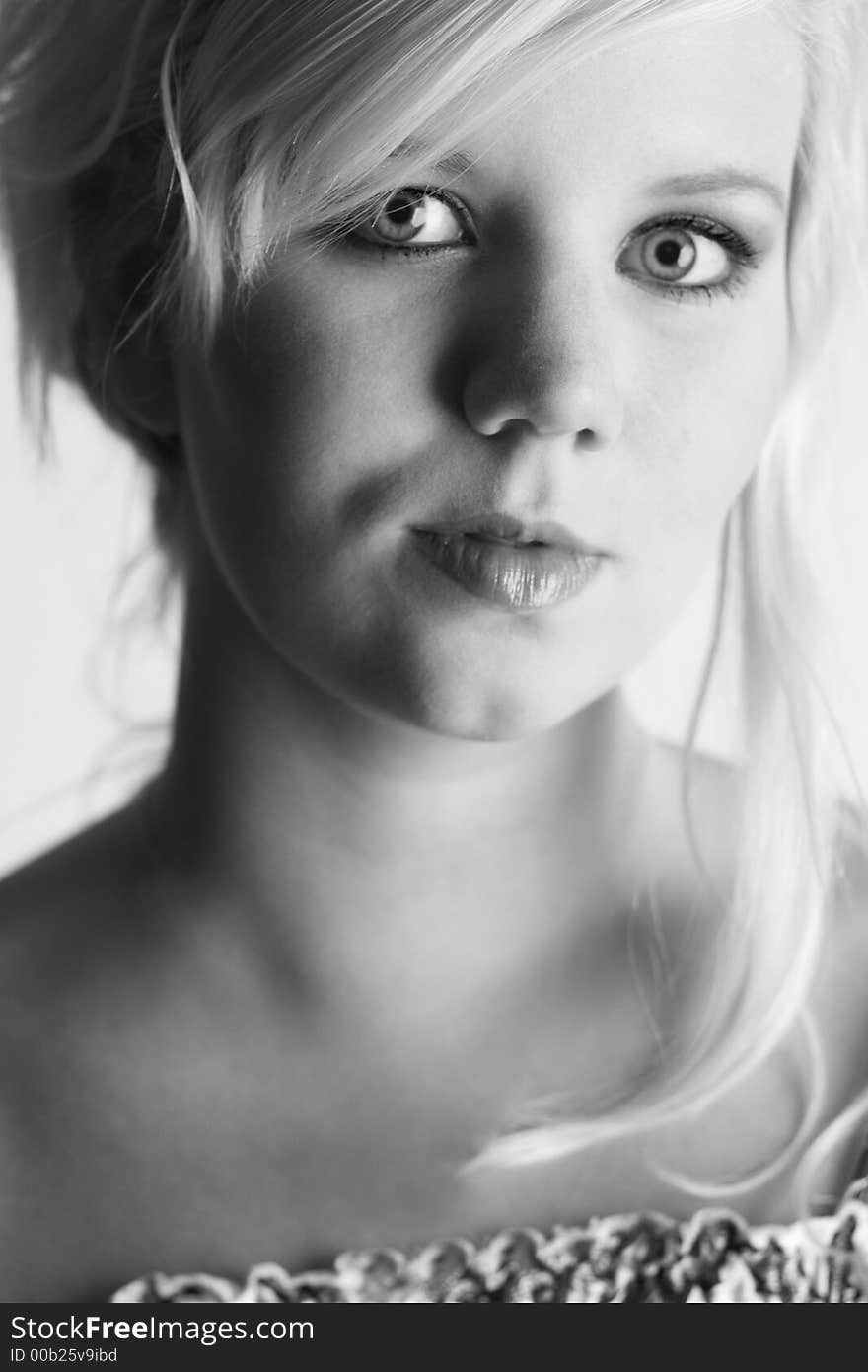 A model portrait on a white background. A model portrait on a white background