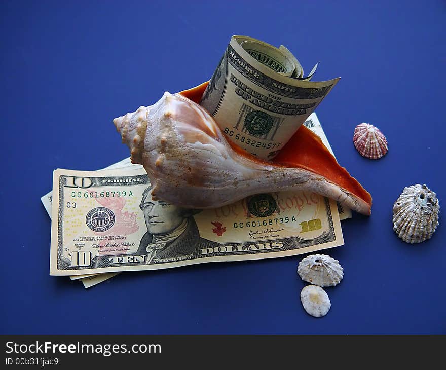 USD notes rapped in a seashell atop ten dollar notes against blue background with lighting effects and sea shell strewn about. USD notes rapped in a seashell atop ten dollar notes against blue background with lighting effects and sea shell strewn about.