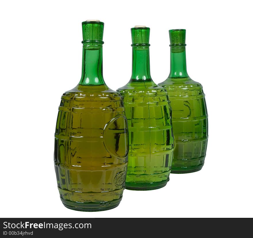 Three bottles of white wine, isolated on white, clipping path included