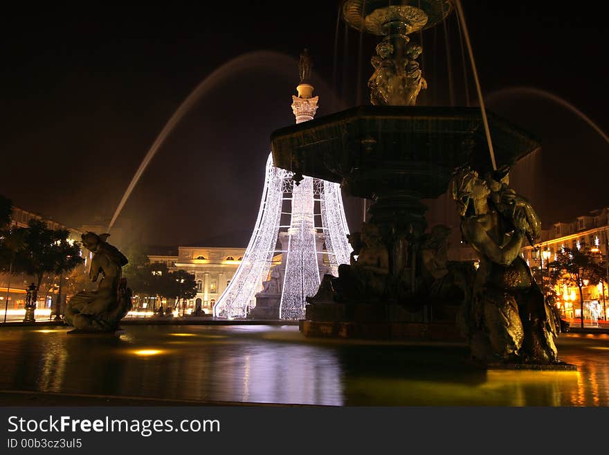 Christmas lights in Lisbon historic downtown area. Rossio.